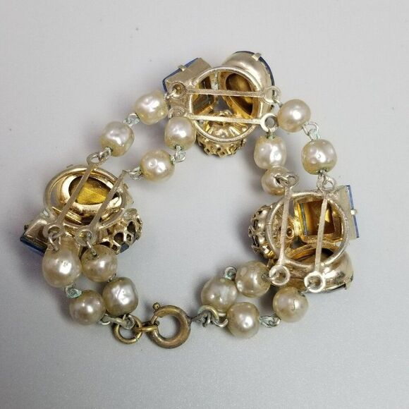 Vintage Blue Rhinestone Clusters and Faux Pearl Beaded Bracelet, Made in Germany - Picture 3 of 9